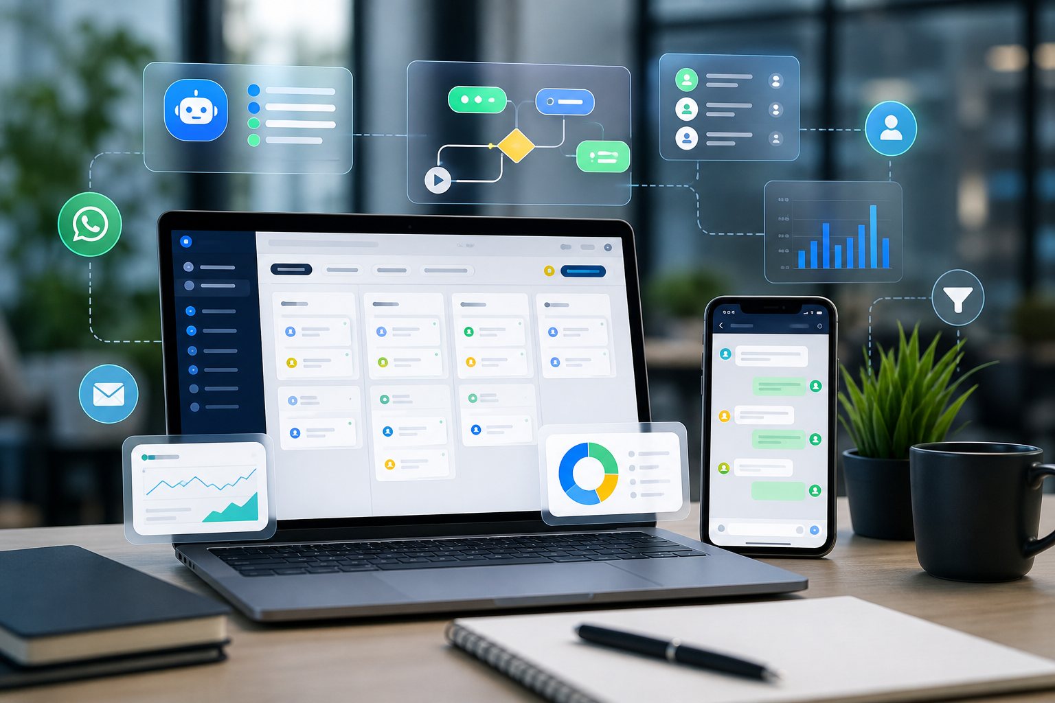 Automação com inteligência artificial, CRM e atendimento digital